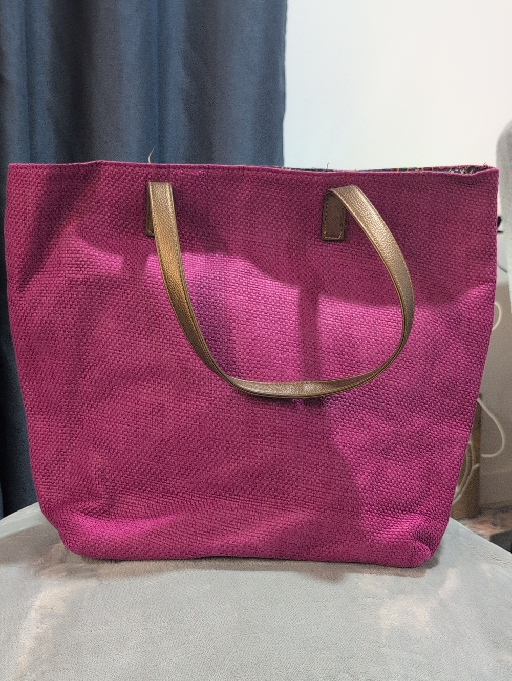 Pink Woven Tote Bag with Brown Handles